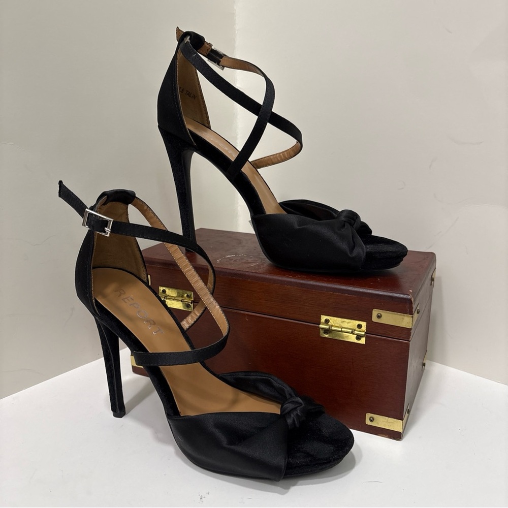 Report Francesca's Stiletto Heels Women's Size 7.5 Black Fabric Knotted Open Toe